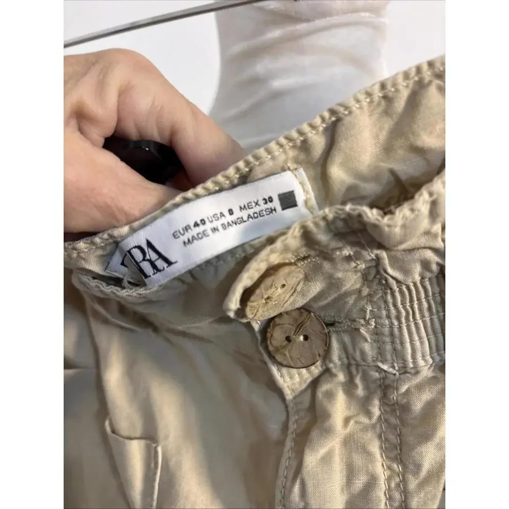 Zara Paperbag Joggers 8 Sand Square Pockets Trendy Ankle Barrel Leg Linen Blend